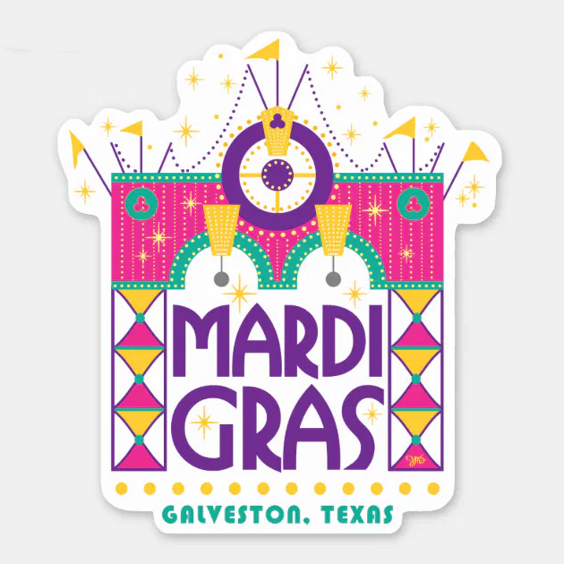 Die cut sticker with graphic art of the Galveston Texas Mardi Gras Arch. Original art by Jan M. Stephenson. Stick on cups, cars, laptops, windows, binders and more. Great gift for friends, clients, party favors and more. Click to purchase.