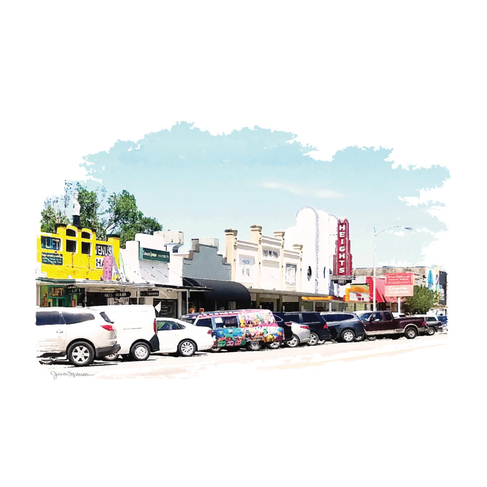 Vibrant, full color digital art in a watercolor style of 19th Street in the Houston Heights, by Jan M. Stephenson. A depiction of a very special shopping district in a historic area of Houston, Texas. This full color composition is based on one of her most popular pieces, 19th Street Shades of Color, which is the same perspective but in a color palette of shades of gray with pops of color. Click to purchase.