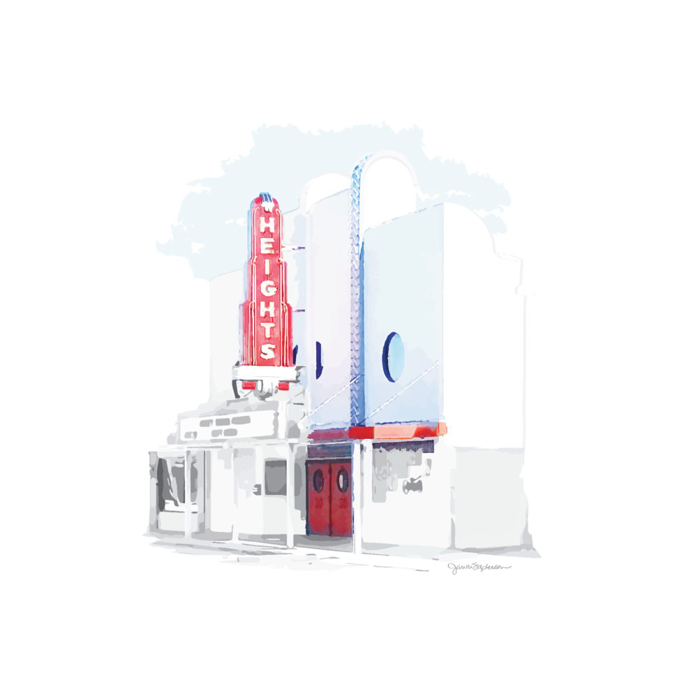 Digital art of the beautiful, historic Heights Theater on 19th Street in the Houston Heights, Texas - an iconic, treasured landmark of the area. Created in the spirit of watercolors with vibrant as well as soft hues and shading make this a striking piece. Click to order prints.