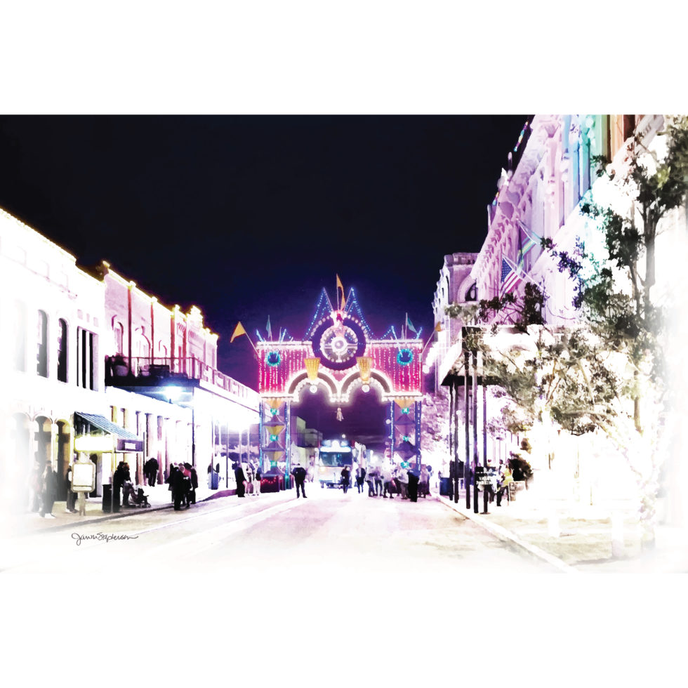 Watercolor style digital art of the Mardi Gras Arch on Mechanic Street in Galveston, Texas.