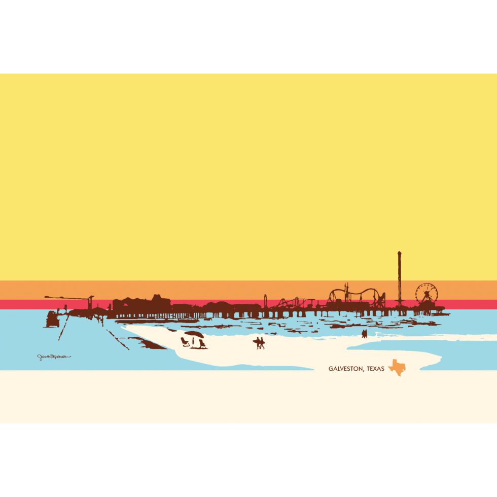 Digital Art, Surf Days, by Jan M. Stephenson depicts a fun, bright, cheery vintage feel design with surfers walking on the beach near Pleasure Pier on Galveston Island, Texas. Click to order prints.