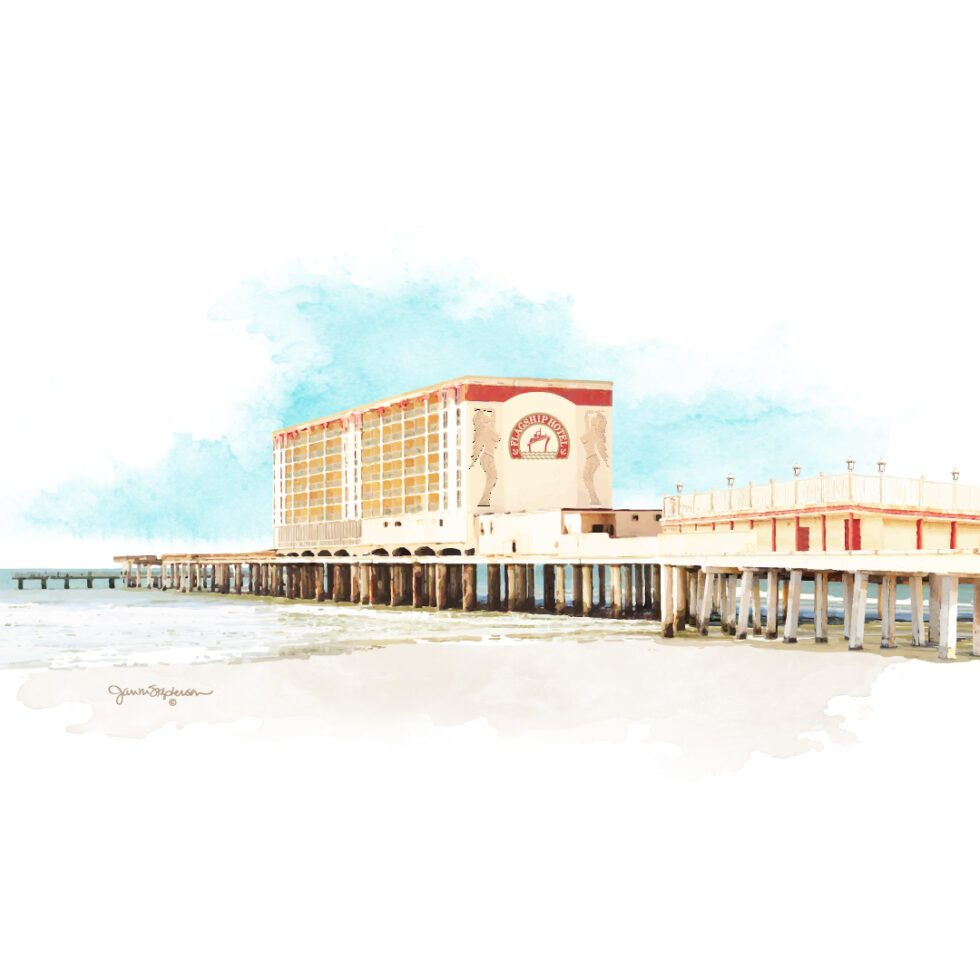 Digital art in a watercolor style of the historic Flagship Hotel, once stretching out over the Gulf on Galveston