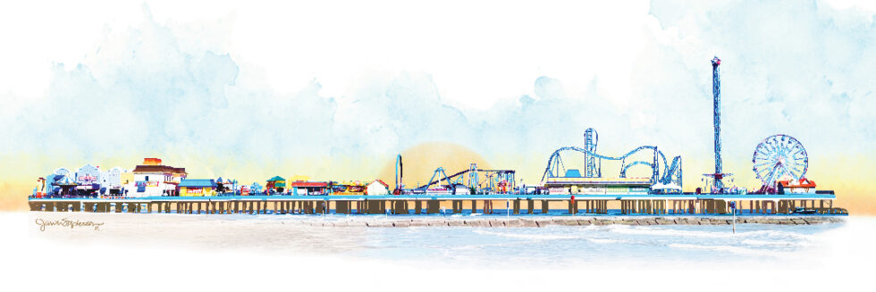 Vibrant, colorful digital art in a watercolor style of the historic Pleasure Pier in Galveston,Texas